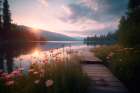 Tranquil mountain lake at sunrise or sunset. (AI Generated) Art Print